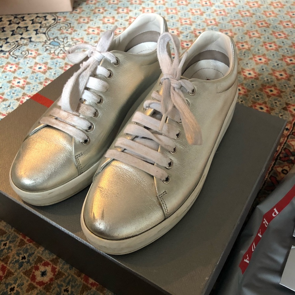 PRADA Metallic Leather Platform Sneakers 7.5 - Picture 5 of 12